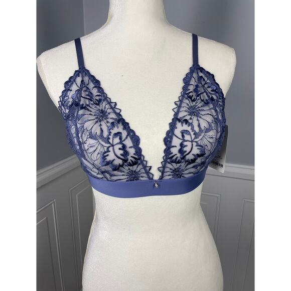 NWT, Ajour Lingerie, Size Large, Indigo Blue Bralette, Lace Mesh, "Meyer" Bra - Picture 1 of 7